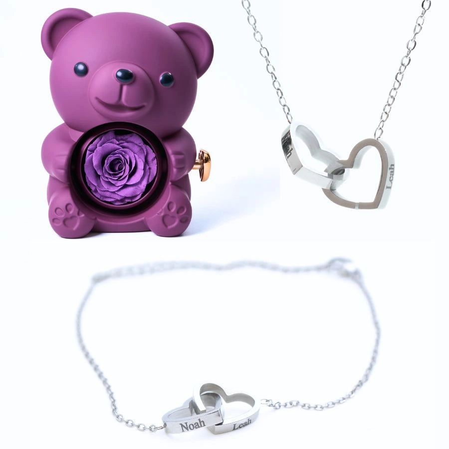 Eternal Rose Bear & Personalized Bracelet & Necklace