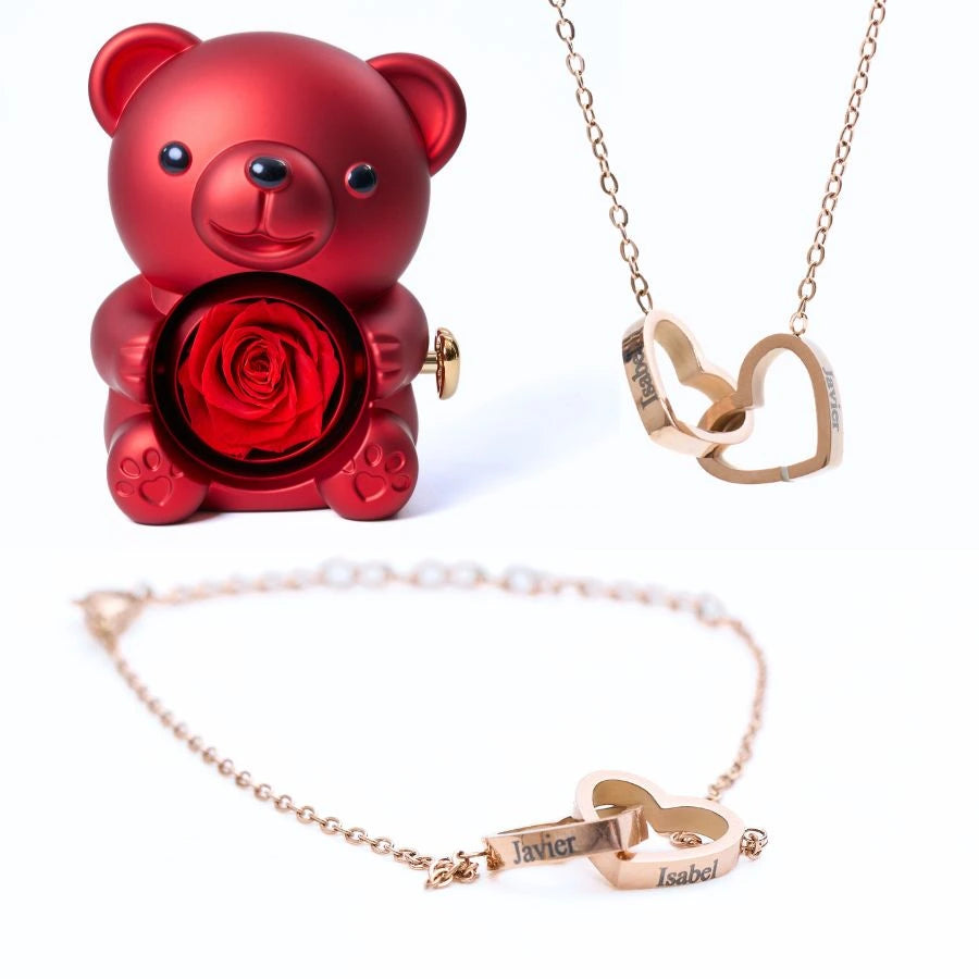 Eternal Rose Bear & Personalized Bracelet & Necklace
