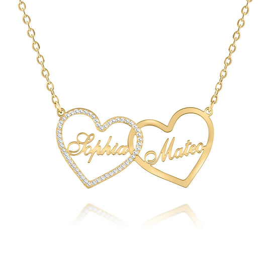 Personalized Double Heart 2-Name Necklace with Rhinestones