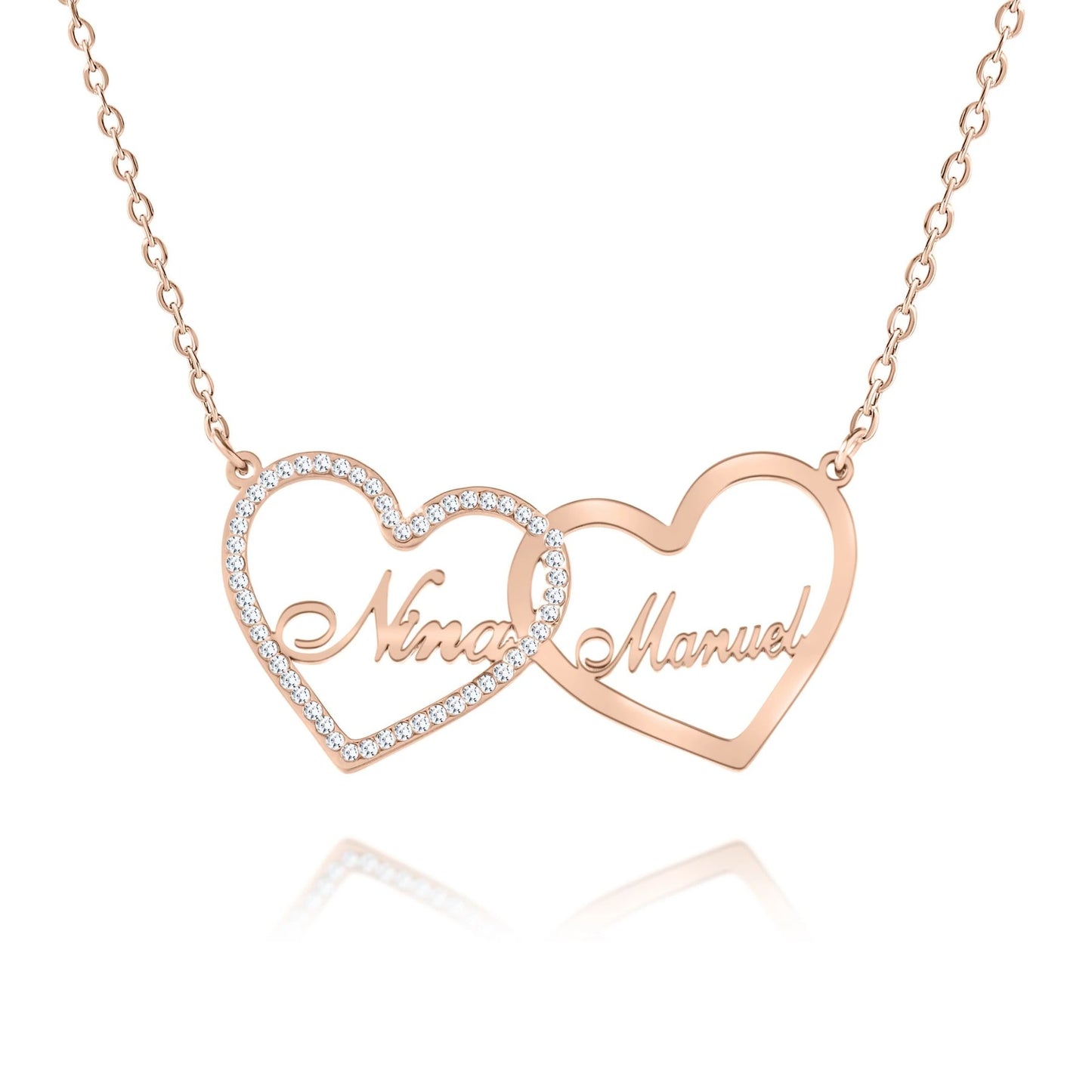 Personalized Double Heart 2-Name Necklace with Rhinestones