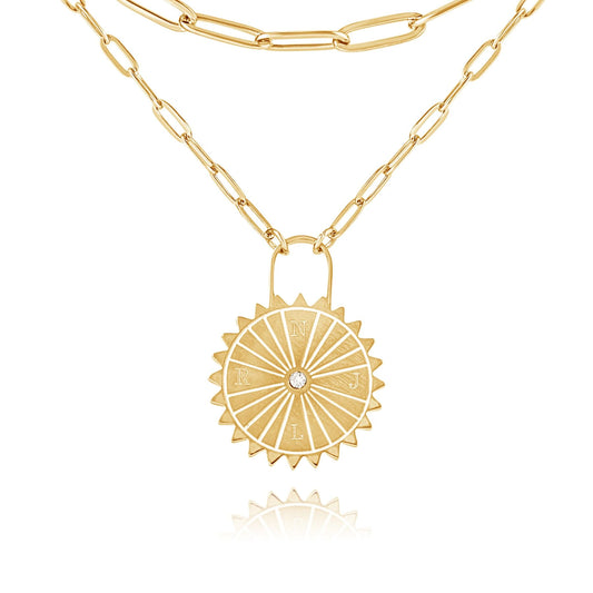 Personalized Sun Padlock Necklace with Initials & Stone
