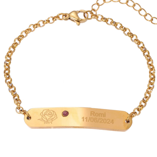 Personalized Engraved ID Bracelet with Flower & Birthstone