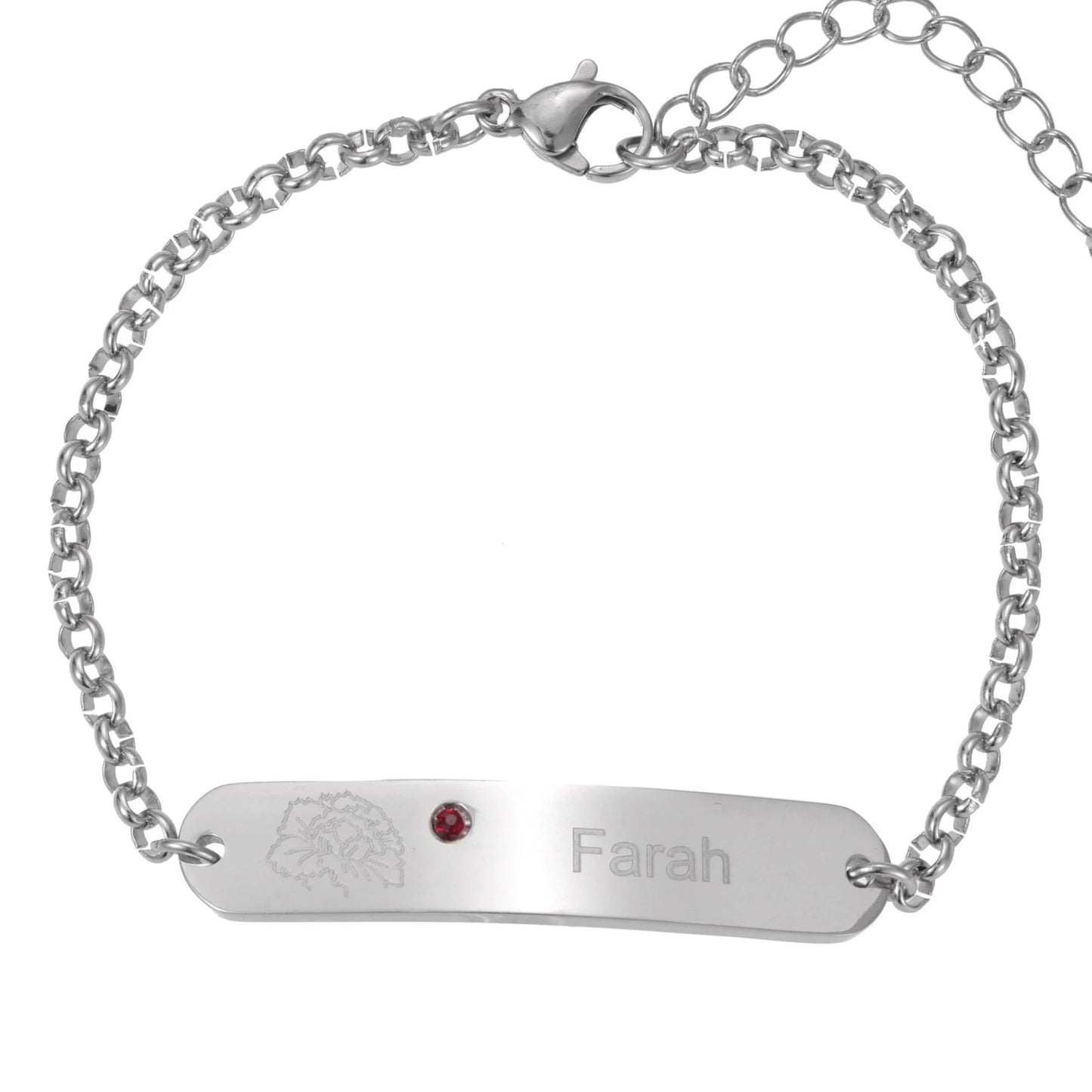 Personalized Engraved ID Bracelet with Flower & Birthstone