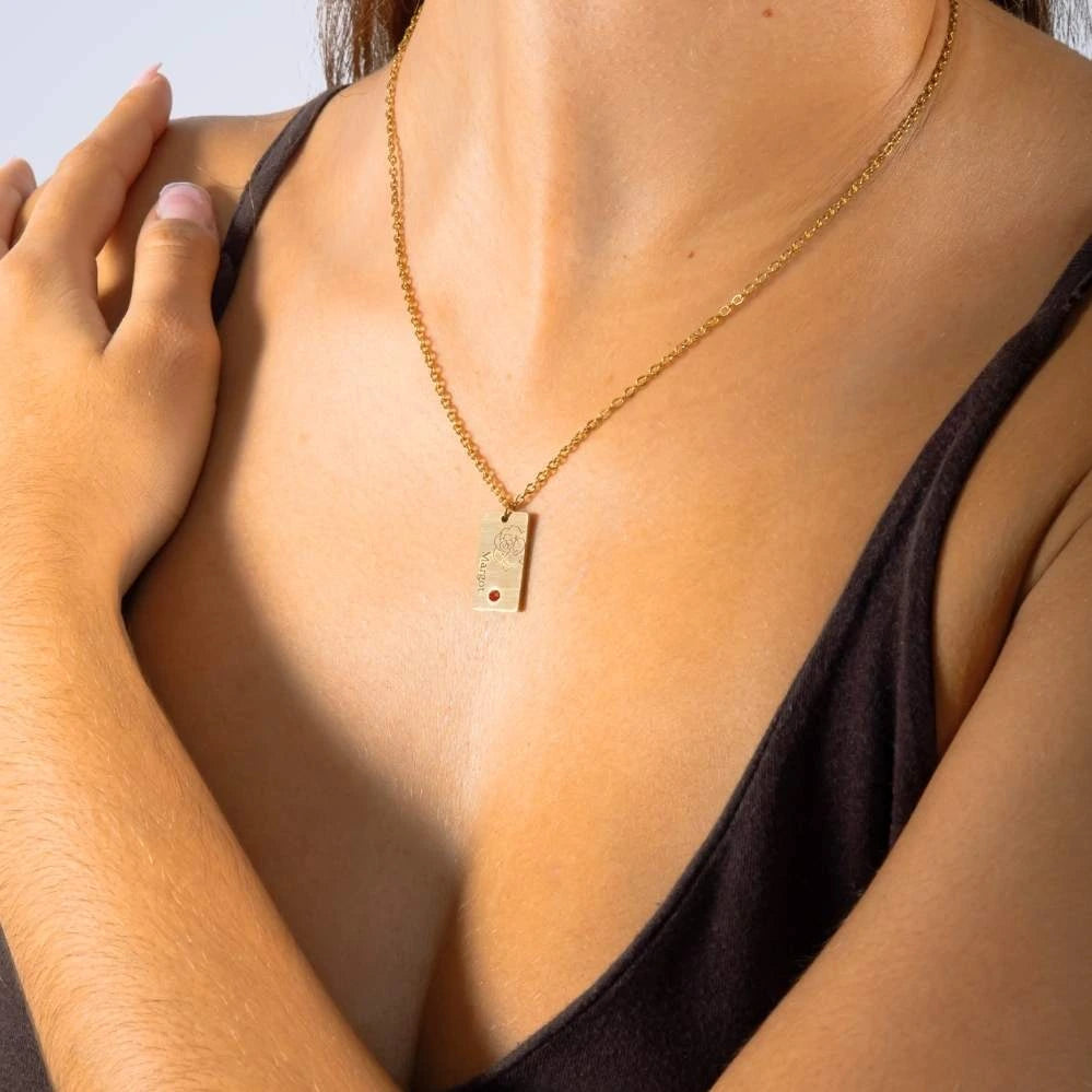 Pendentif Personnalisé Prénom et Fleur avec Pierre de Naissance