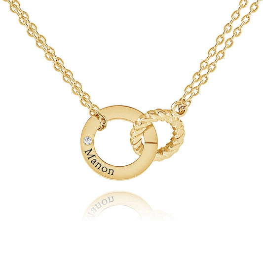 Engraved Circle Necklace with Twisted Ring & Crystal