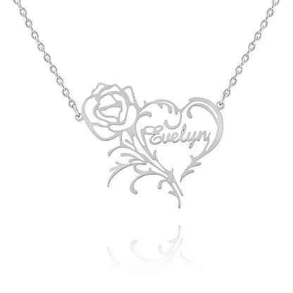 Collar Corazón con Rosa y Nombre Personalizado
