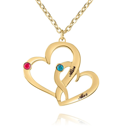 Collana Cuori Intrecciati con Nomi e Pietre di Nascita Personalizzata