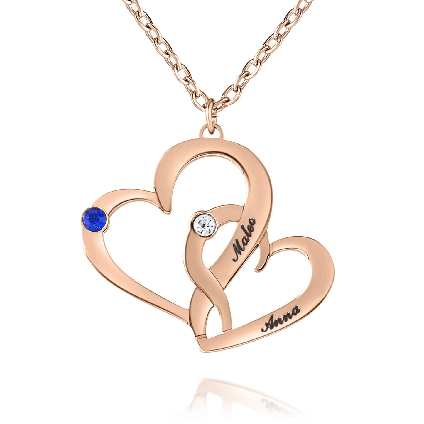 Collana Cuori Intrecciati con Nomi e Pietre di Nascita Personalizzata