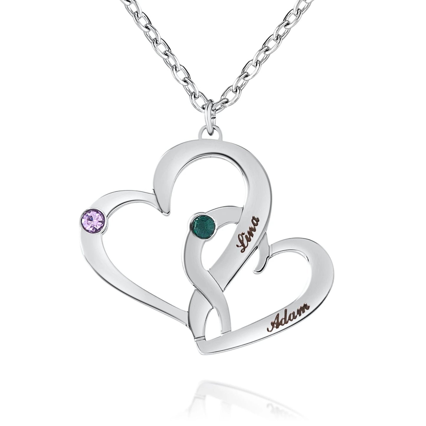 Collana Cuori Intrecciati con Nomi e Pietre di Nascita Personalizzata
