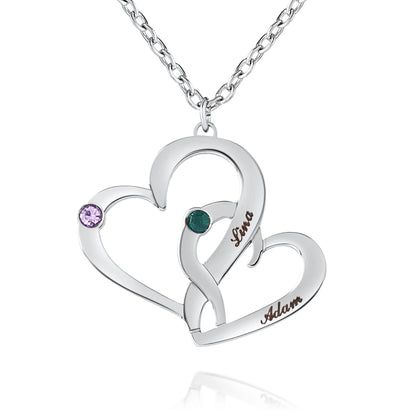 Collana Cuori Intrecciati con Nomi e Pietre di Nascita Personalizzata